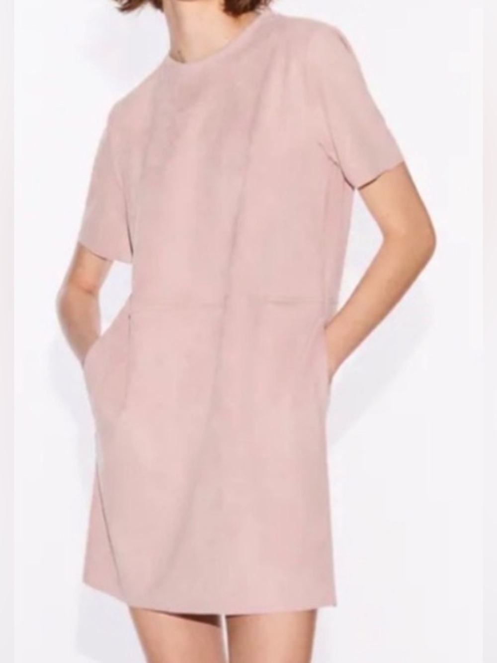 Zara Faux Suede Short Sleeve Shift Dress in Light Pink, size Large